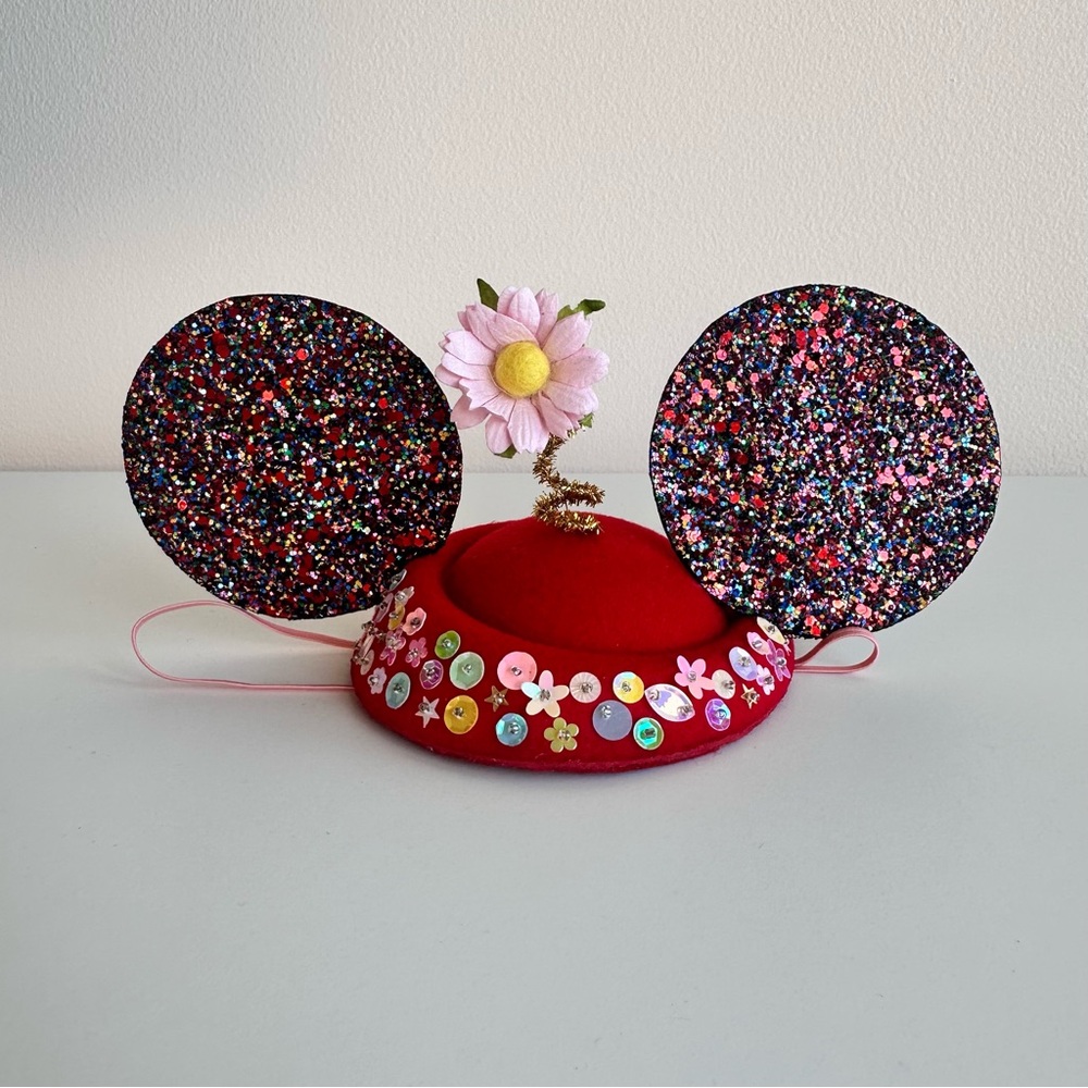Red Mouse Ear top Hat with Floral Accents